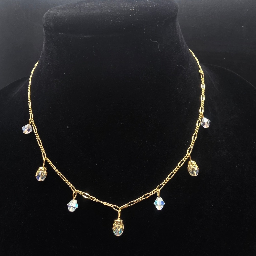 Avon Aurora Borealis Beaded Necklace Gold Tone Chain Vintage Costume Jewelry